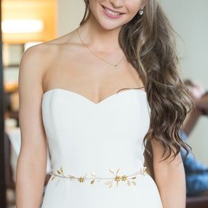Wedding dress gold leaf belt by David + Chyio